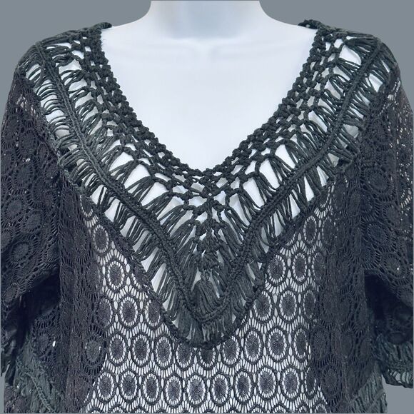 Womens Open Knit Coverup Beach Top Tunic XL Black Festival Goth Witchy Fairy - Picture 2 of 7